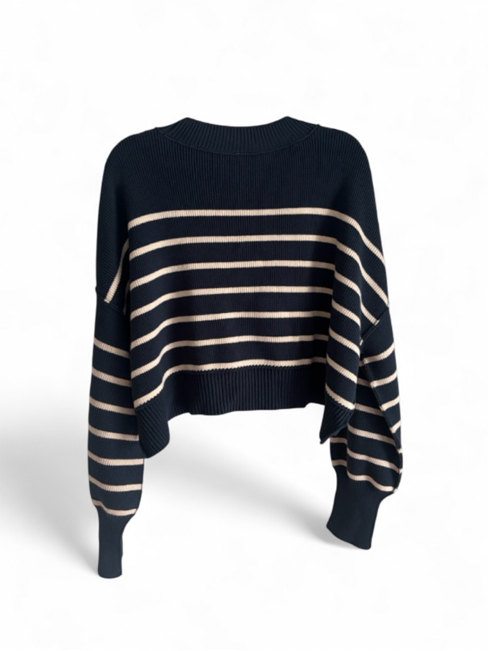 Free People Easy Street Navy and Cream Stripe Crop Pullover Sweater Size L - Picture 5 of 6